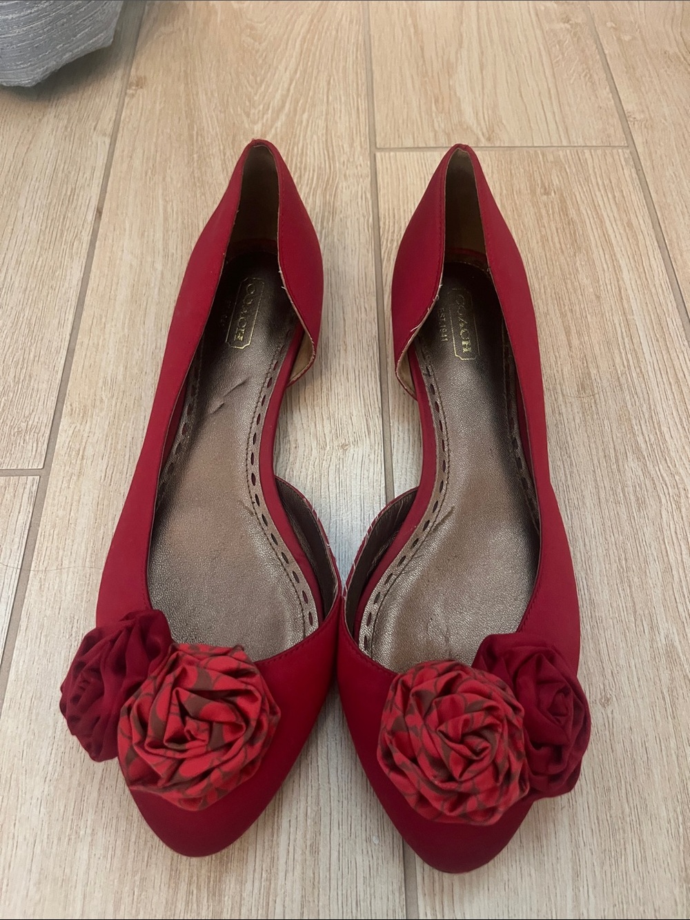Coach Red Pointed Toe Floral Embellished Flats